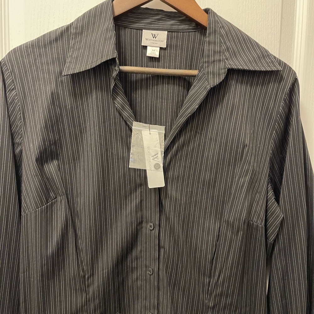 Black Pinstripe Button Down Shirt Size 14 NWT - Picture 3 of 7